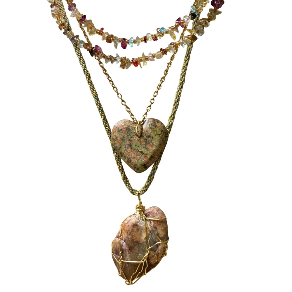 Boho Earthy Crystal Heart Layered Necklace Bundle Lot of 3 Unbranded